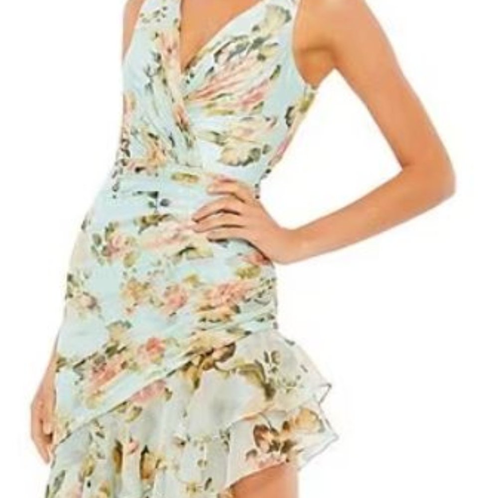 Mac Duggal FLORAL PRINT Asymmetrical Hem Ruched Dress, Size 4